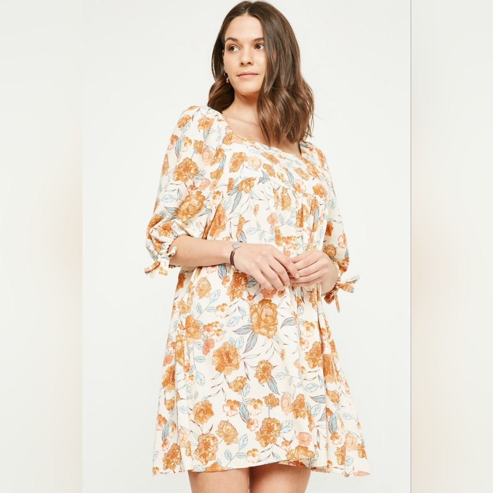 Womens Fall Hayden Floral Tie-Sleeve Midi Dress - Cream & Gold Size Medium